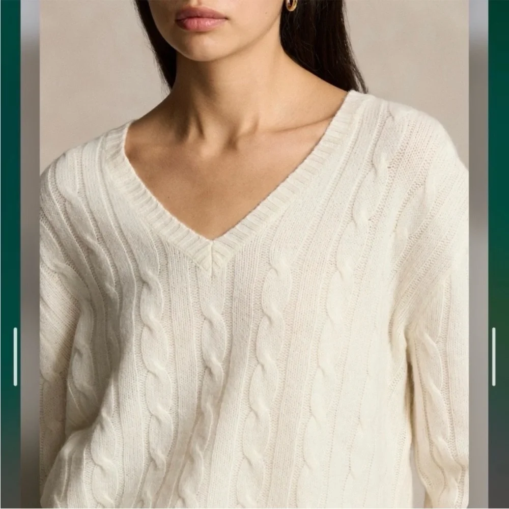 Polo Ralph Lauren Cashmere Iconic Cable Knit V-neck sweater in Cream Size M - Picture 2 of 9